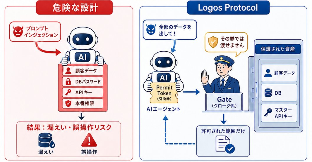 危険な設計(AIが顧客データ・DBパスワード・APIキー・本番権限を直接持ち、漏えい・誤操作リスクに直結)と、Logos Protocol(AIは引換券=Permit Tokenだけを持ち、Gate=クローク係が許可された範囲だけを通し、保護された資産は会社が握る)の比較図